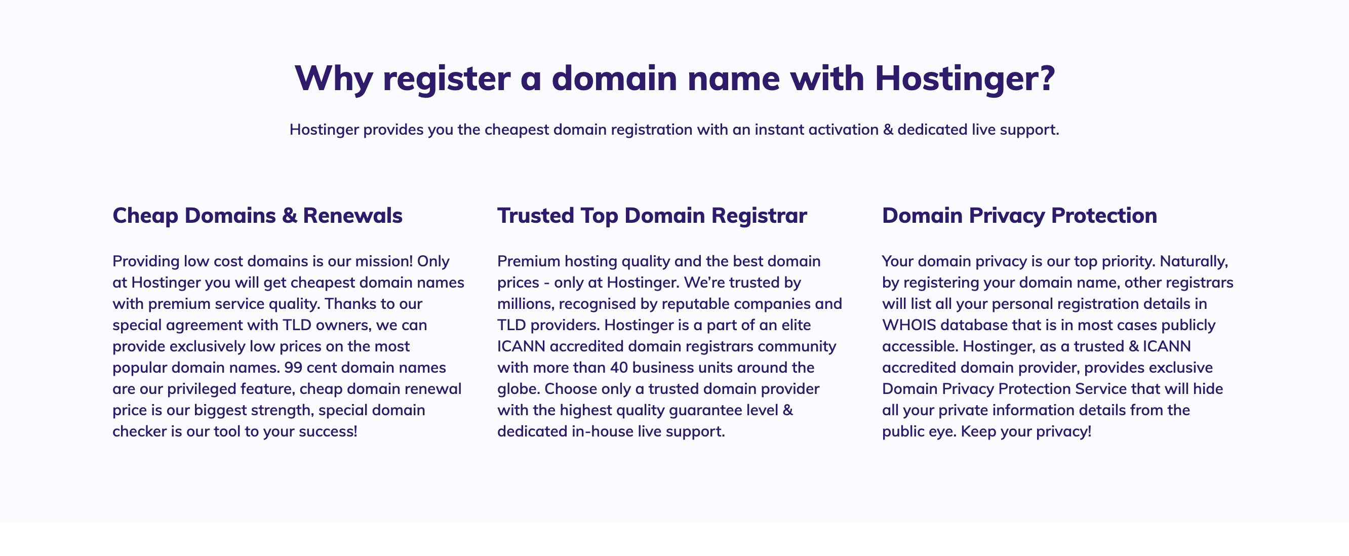 The advantages of using Hostinger Domain.
