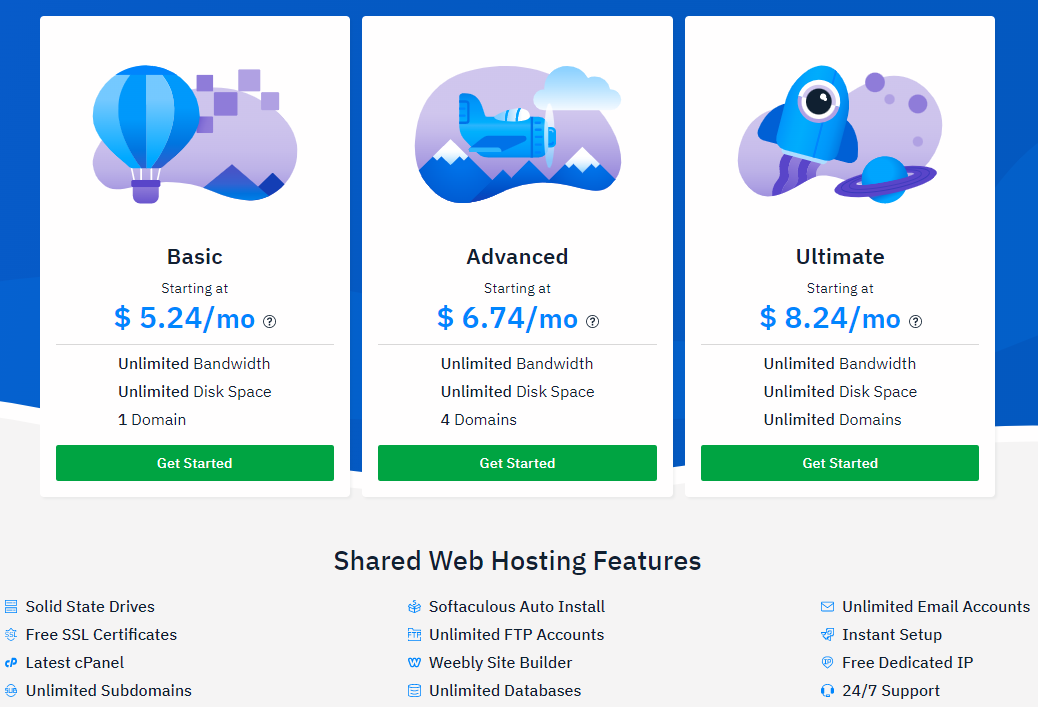 Hostwinds shared web hosting packages and their features