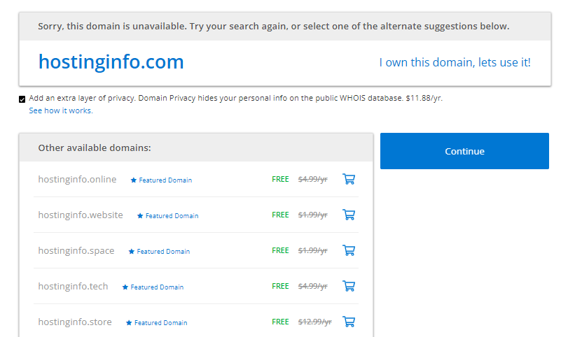 Bluehost Suggested Domains