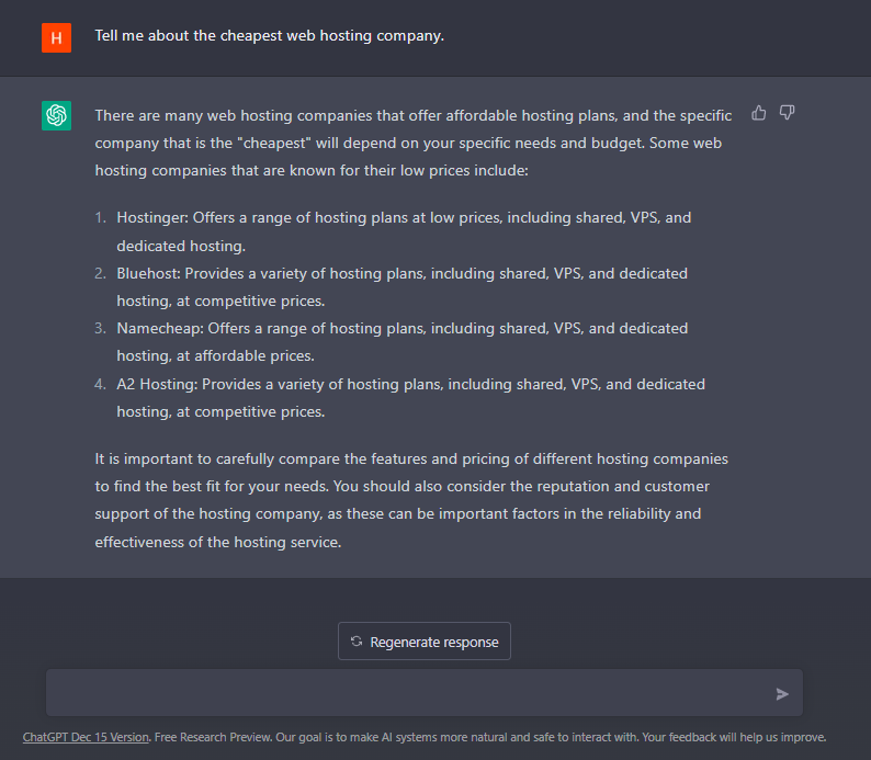 Content about web hosting by ChatGPT