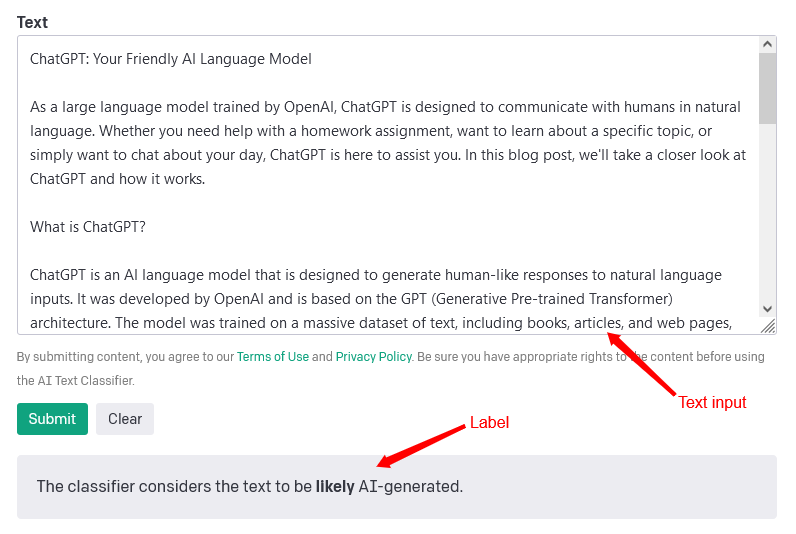 AI Text Classifier likely lebel on input text