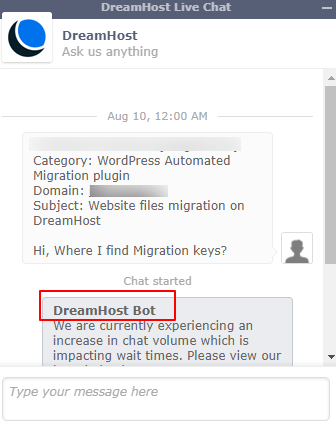 DreamHost Live chat bot interaction
