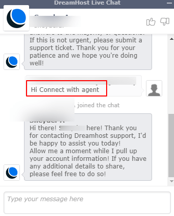 DreamHost live chat with agent