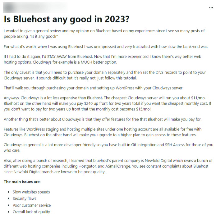 Bluehost user feedback on reddit