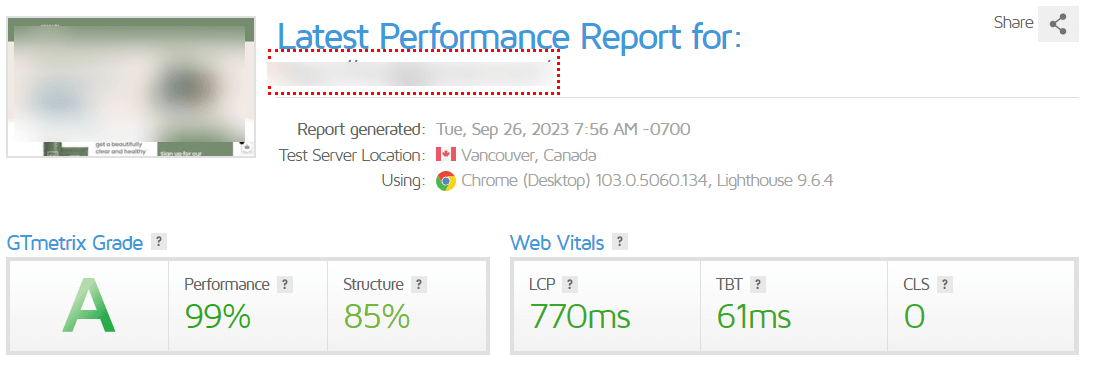 InMotion Hosted website performance test via GTMetrix