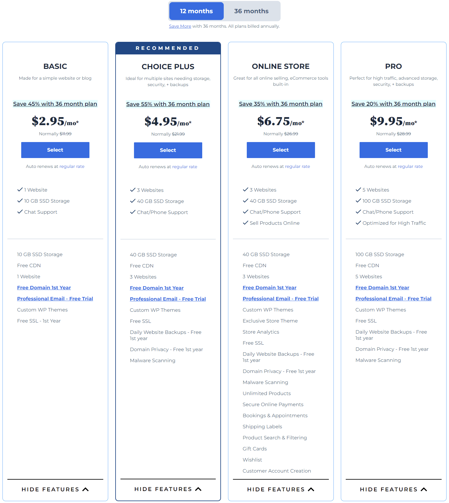 Shared hosting pricing plans by Bluehost