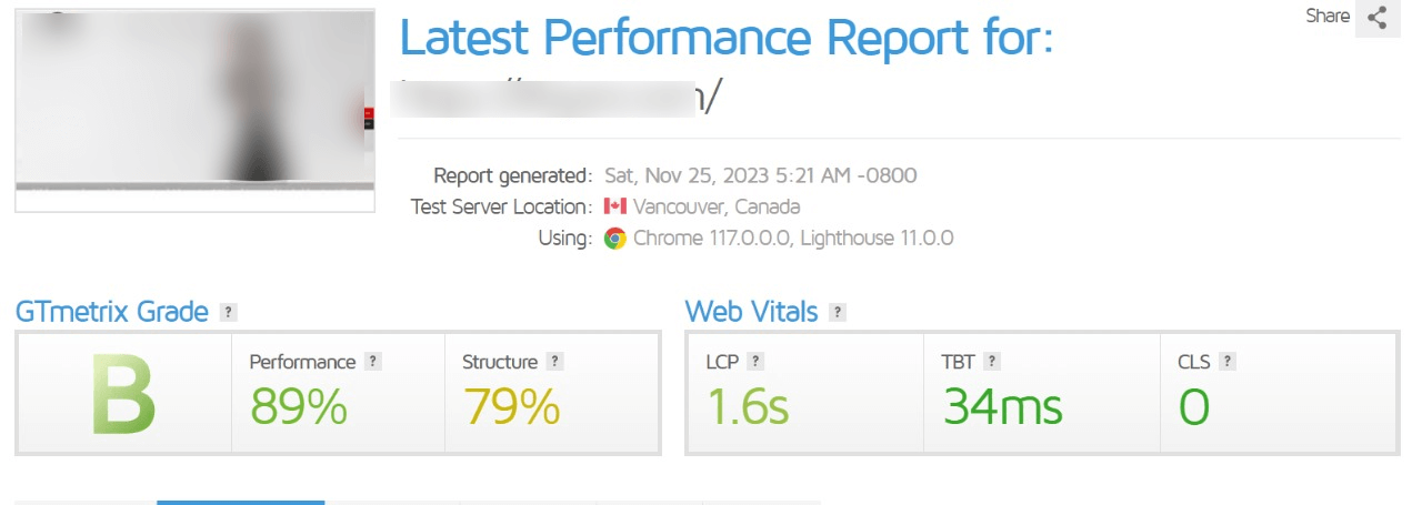 A2 Hosting GTMetrix Performance test results