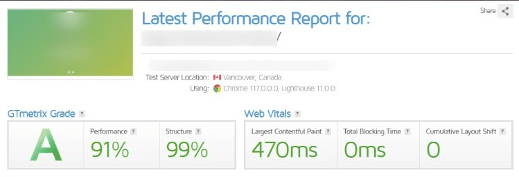 GoDaddy GTMetrix Performance test results
