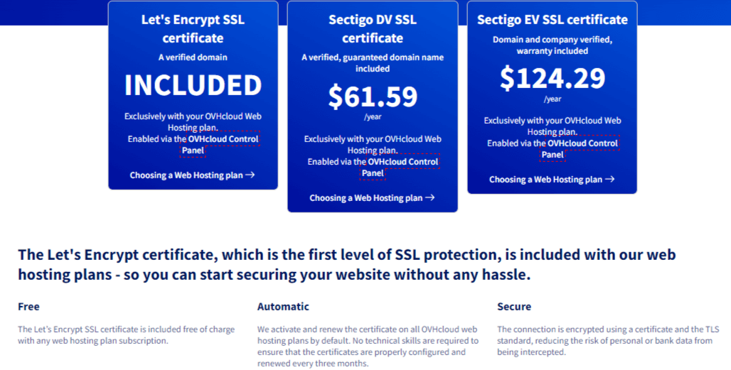 OVHCloud SSL Certificate plans