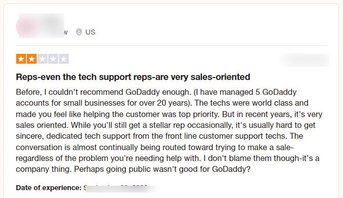 Godaddy customer Review on trustpilot.