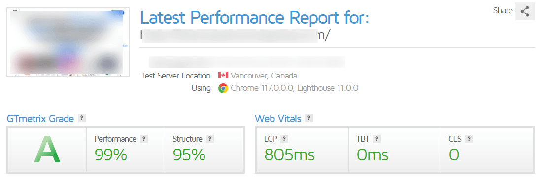 WP Engine GTMetrix Performance test results