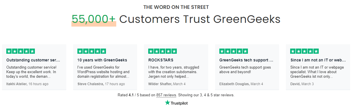 GreenGeeks Trustpilot Feedbacks from customer